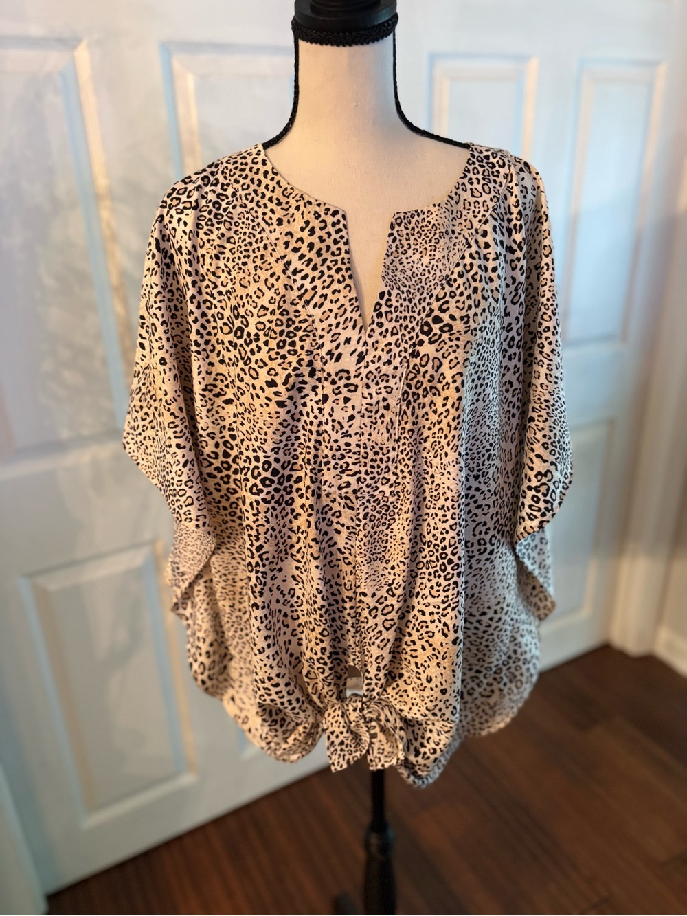 Chico's Beige and Black Leopard Tie-Hem Blouse with Butterfly arms